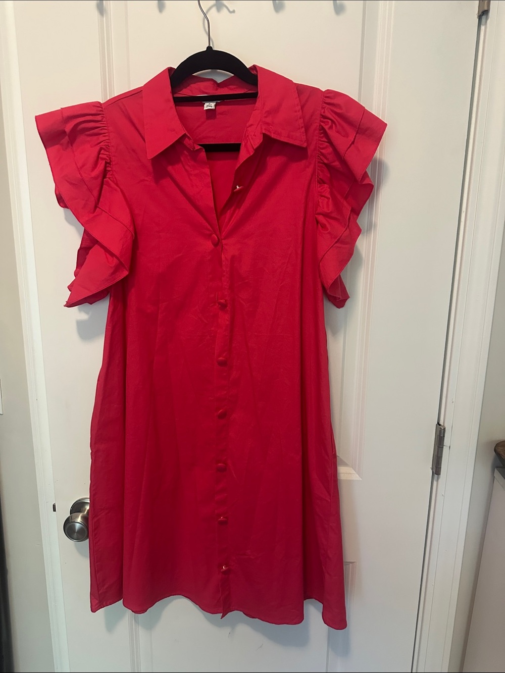 crown & ivy Hot Pink Ruffle-Sleeve Button Midi Dress